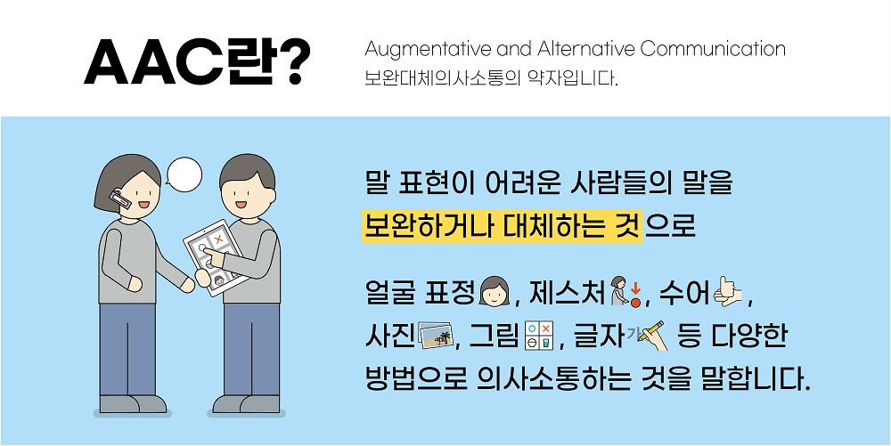 말 표현이 어려운 사람들의 말을 보완하거나 대체하는 것으로 얼굴 표정, 제스처, 수어, 사진, 그림, 글자 등 다양한 방법으로 의사소통하는 것을 말합니다.